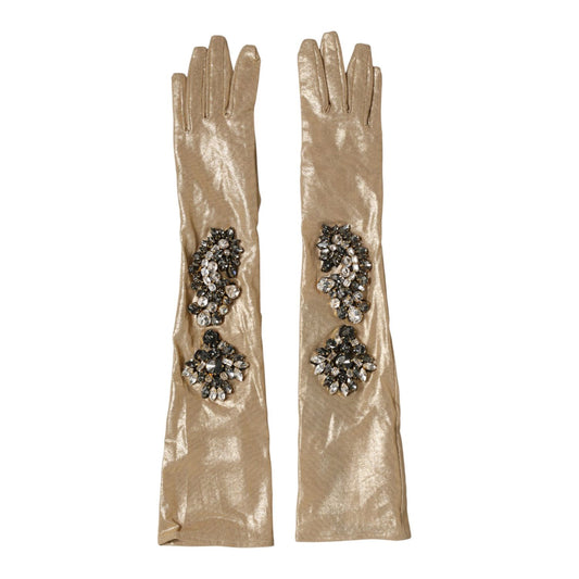 Dolce & Gabbana Beige Satin Crystal Elbow Length Mitten Gloves