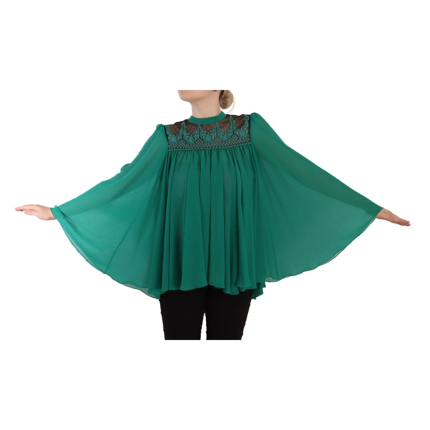 Philosophy Green Lace Polyester Long Sleeves Pleated Top Blouse