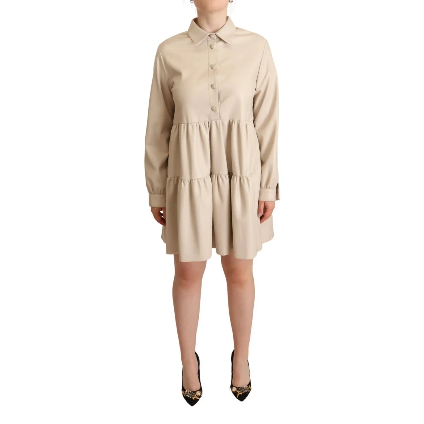 Jucca Leather Beige Long Sleeves Collared A-line Mini Dress
