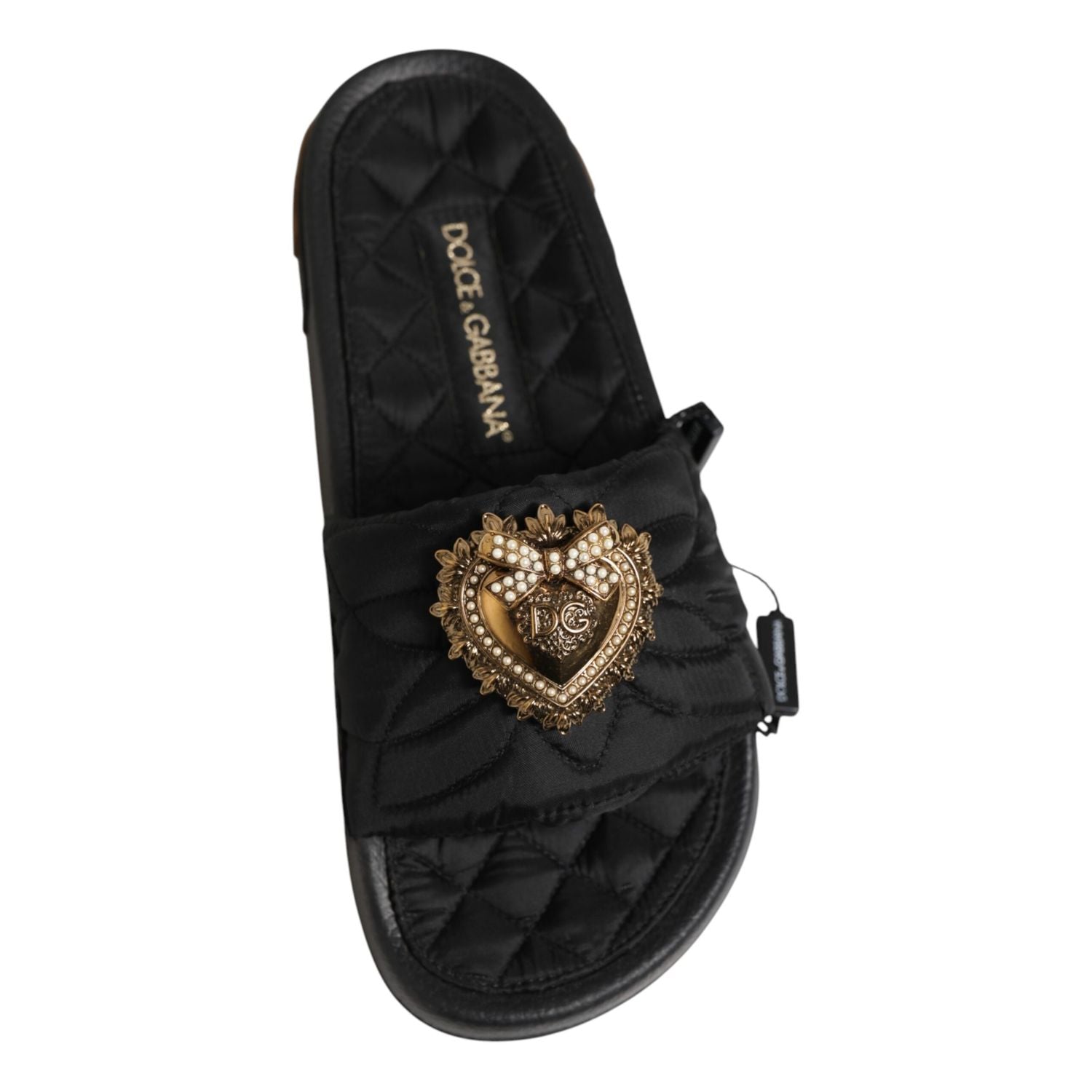 Dolce & Gabbana Black Devotion Matelassé Leather Slides Shoes