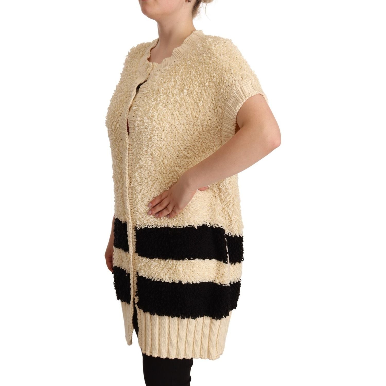 Philosophy Beige Black Short Sleeve Button Cardigan Sweater