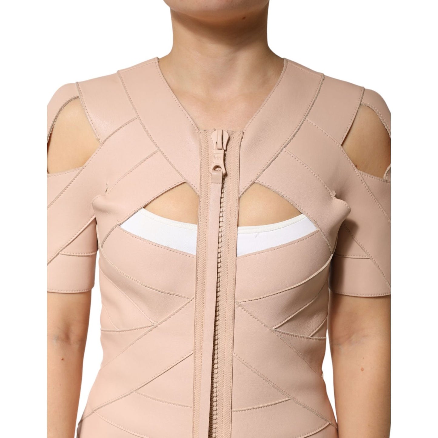 Dsquared² Beige Leather Short Sleeves Sheath Mini Dress