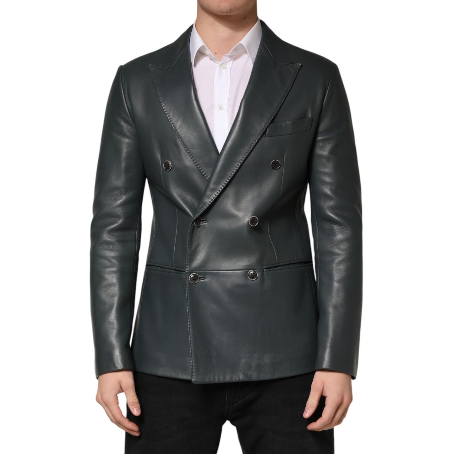 Dolce & Gabbana Dark Gray Leather Double Breasted 2Button Blazer