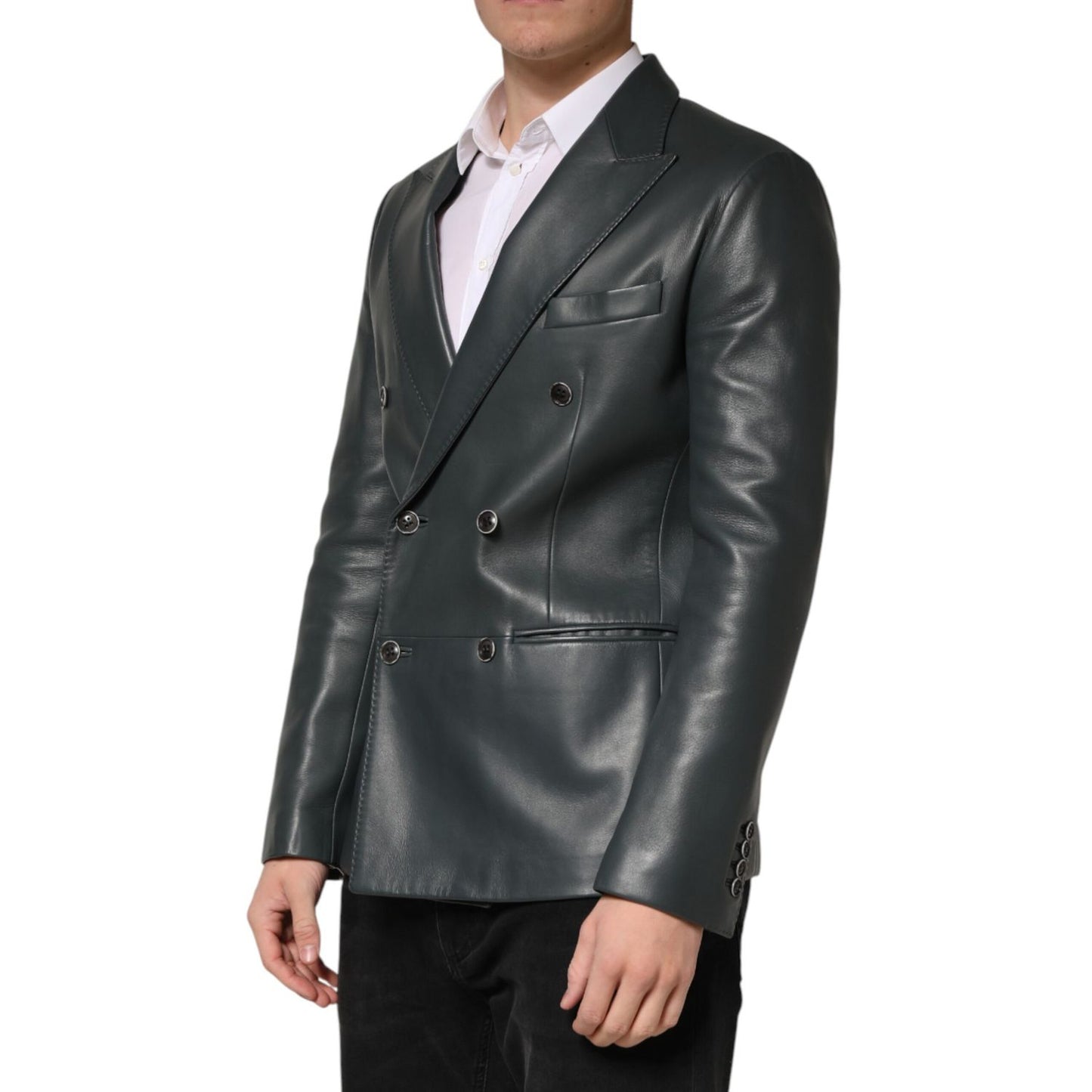 Dolce & Gabbana Dark Gray Leather Double Breasted 2Button Blazer