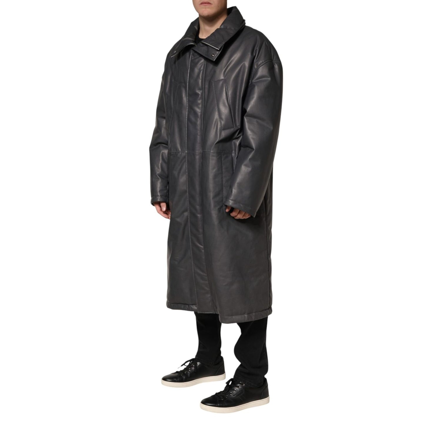 Dolce & Gabbana Black Leather Collared Trench Coat Jacket