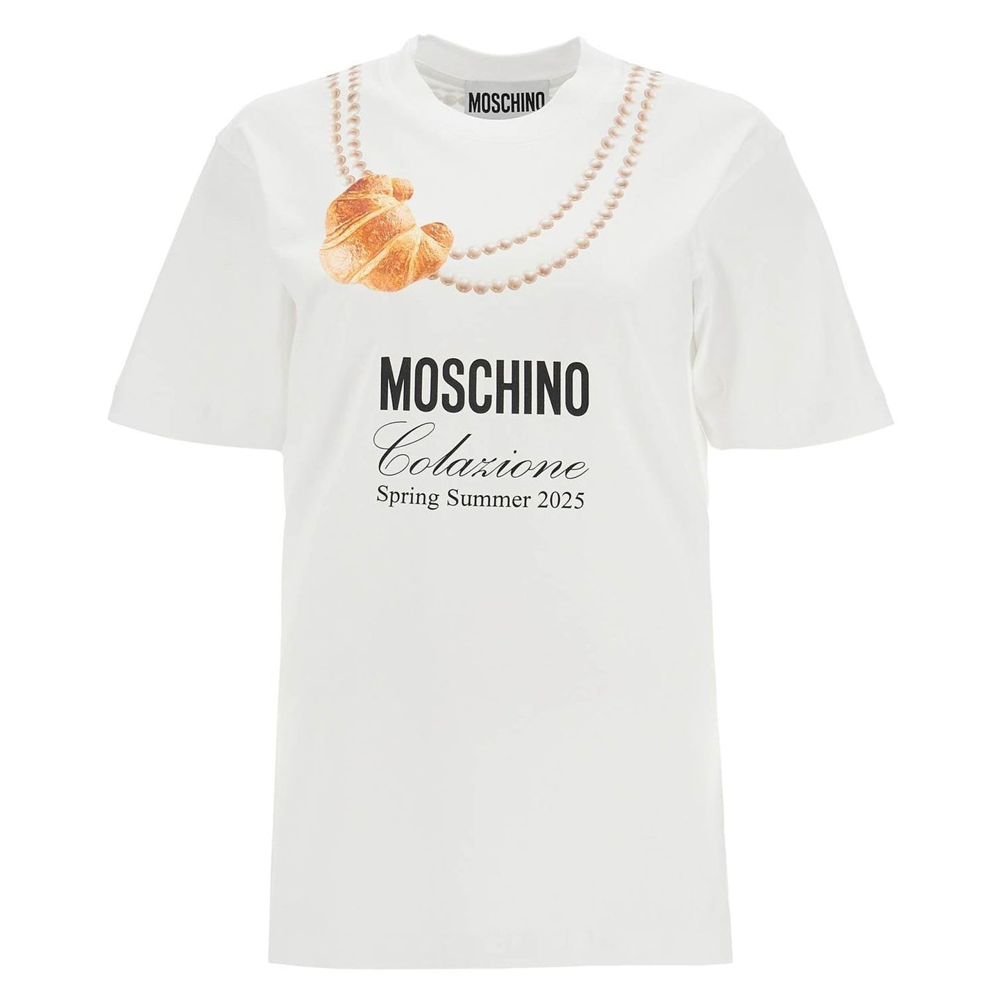 Moschino white cotton t-shirt with croissant and pearls print