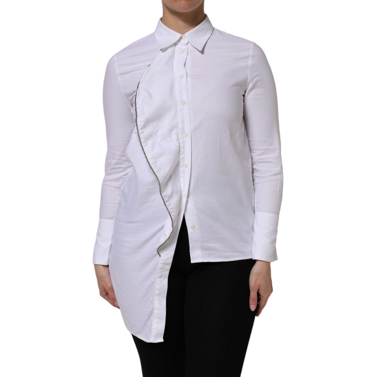 AGLINI White Cotton Collared Long Sleeves Ruffle Top Shirt