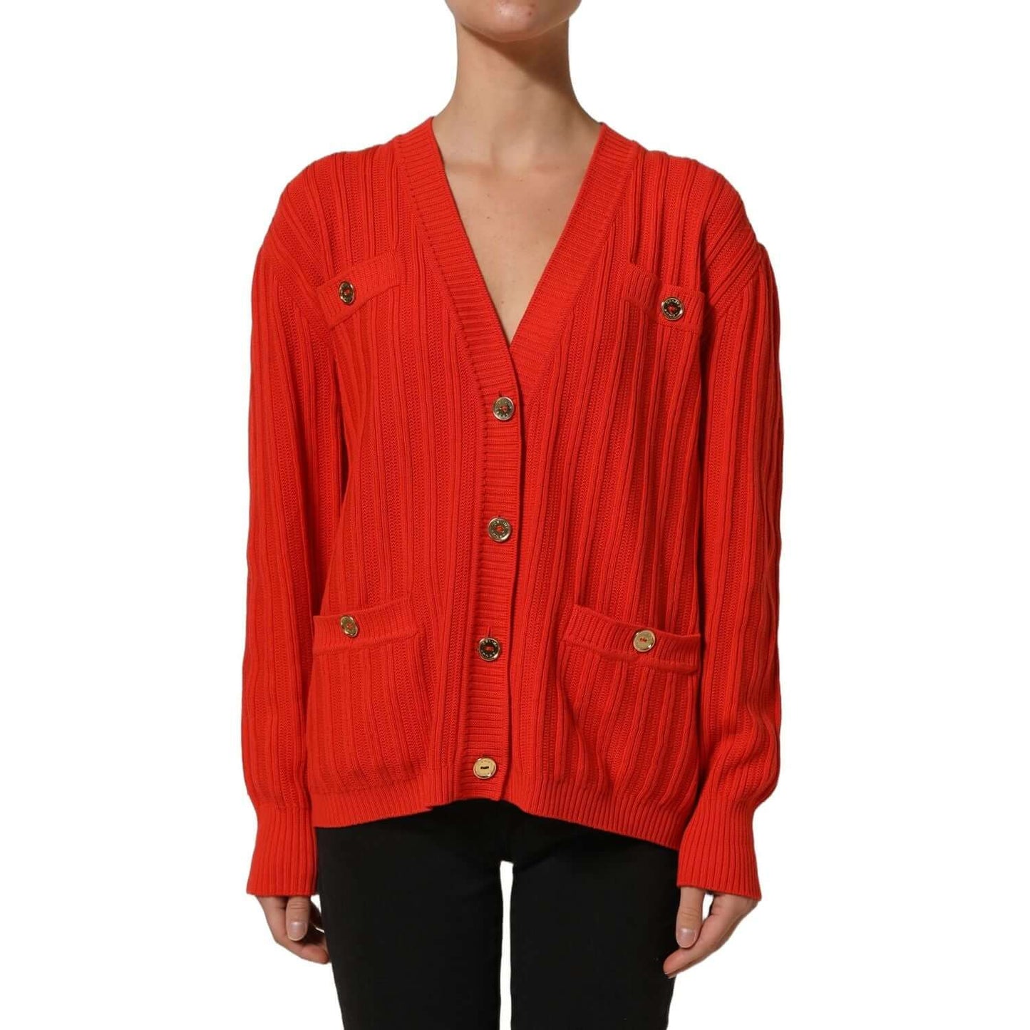 Celine Red Wool Knit ButtonEmbellished Cardigan Sweater