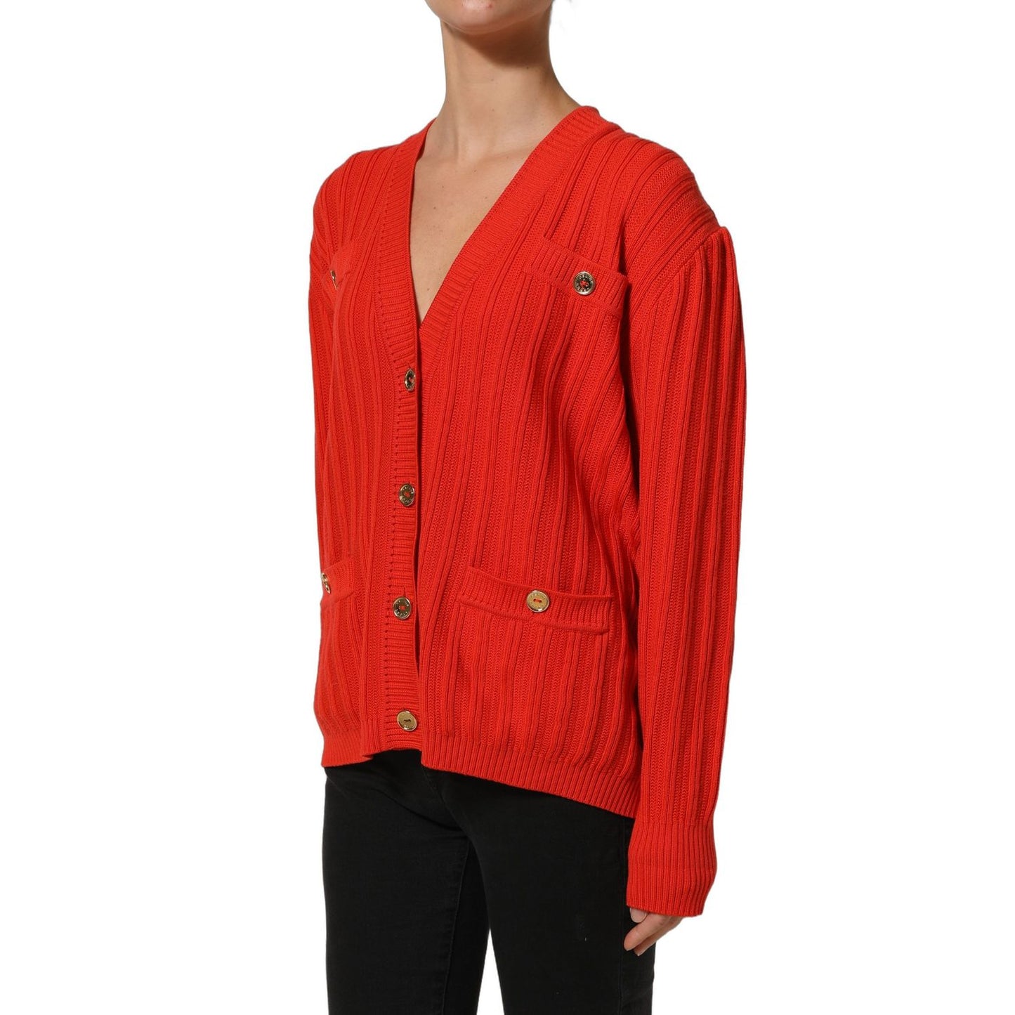Celine Red Wool Knit ButtonEmbellished Cardigan Sweater