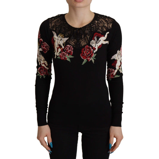 Dolce & Gabbana Black Lace Angel Roses Cardigan Sweater 1728,38% Silk,38% WV,67345645728,7% PA,Black,Clothing,Dolce & Gabbana,IT36 | S,IT38|XS,Material: 17% Cotton,Preowned / Defect,Sweaters - Clothing,Sweaters - Women - Clothing,Sweatshirts - Sweaters -