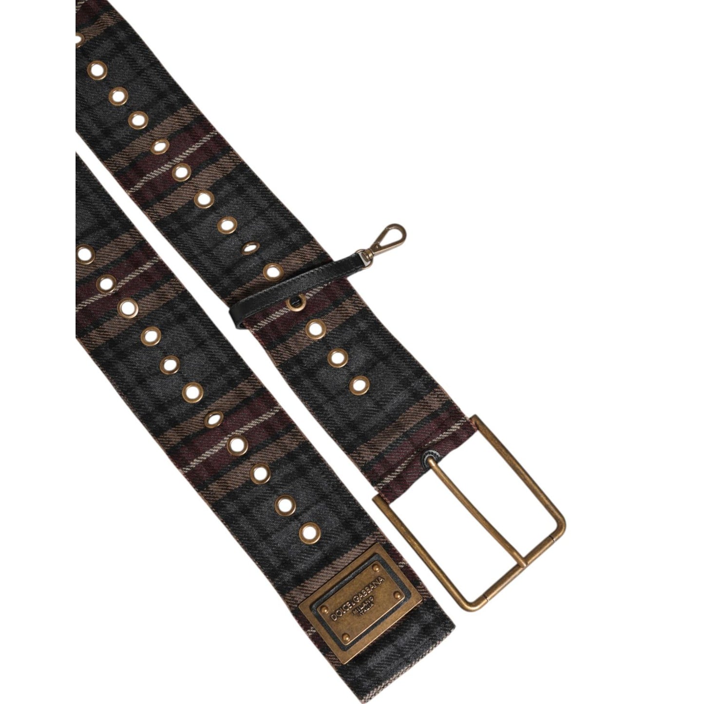 Dolce & Gabbana Plaid Fabric Logo Plate Brass Buckle Belt