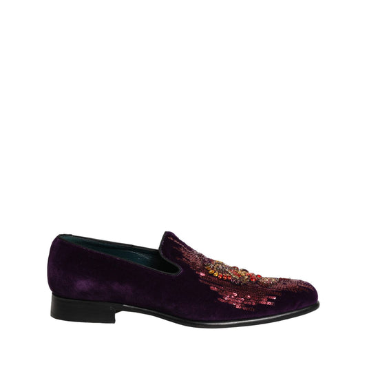 Dolce & Gabbana Violet Velvet Rhinestone Sequin Loafers Shoes