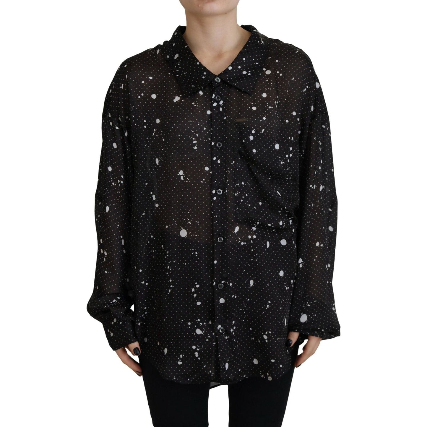 Dsquared² Black Polka Dots Collared Button Down Blouse Top 1728,67345645728,Black,Clothing,Dsquared²,IT38 | XS,Long Sleeve - T-Shirts - Clothing,Material: 100% Polyester,Preowned / Defect,T-Shirts - Clothing,Tops & T-Shirts - Women - Clothing,Women