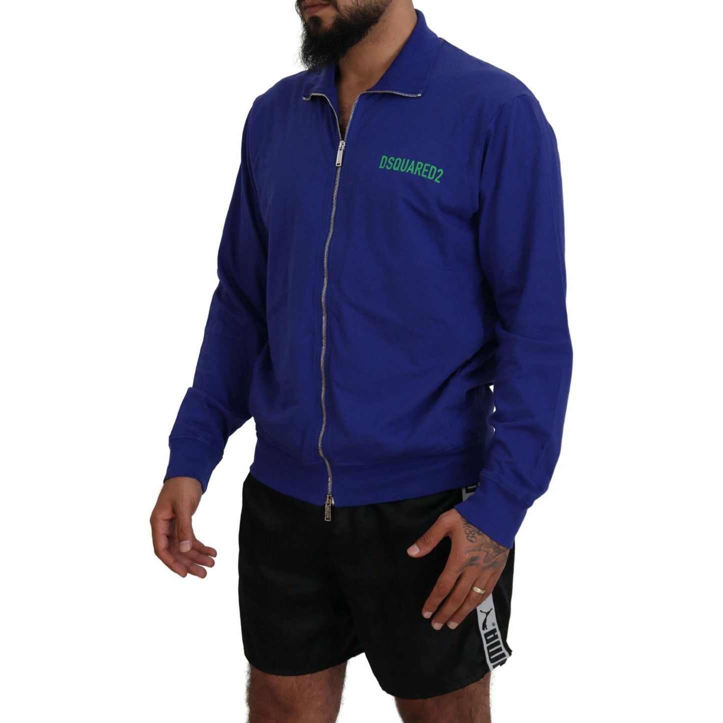 Dsquared² Blue Cotton Printed Collared Men Full Zip Sweater 1728,67345645728,Blue,Clothing,Dsquared²,IT48 | M,Material: 100% Cotton,Men,Men - Clothing,Preowned / Defect,Sweaters - Clothing,Sweaters - Men - Clothing,Sweatshirts - Sweaters - Clothing