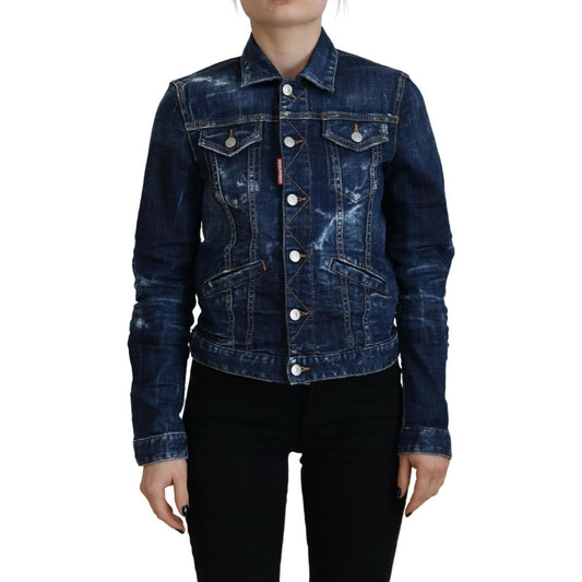 Dsquared² Blue Icon Printed Distressed Denim Jacket 1728,67345645728,Blue,Clothing,Denim Jackets - Jackets & Coats - Clothing,Dsquared²,IT38 | XS,Jackets & Coats - Clothing,Jackets & Coats - Women - Clothing,Material: Cotton 98%,Preowned / Defect,Spandex/