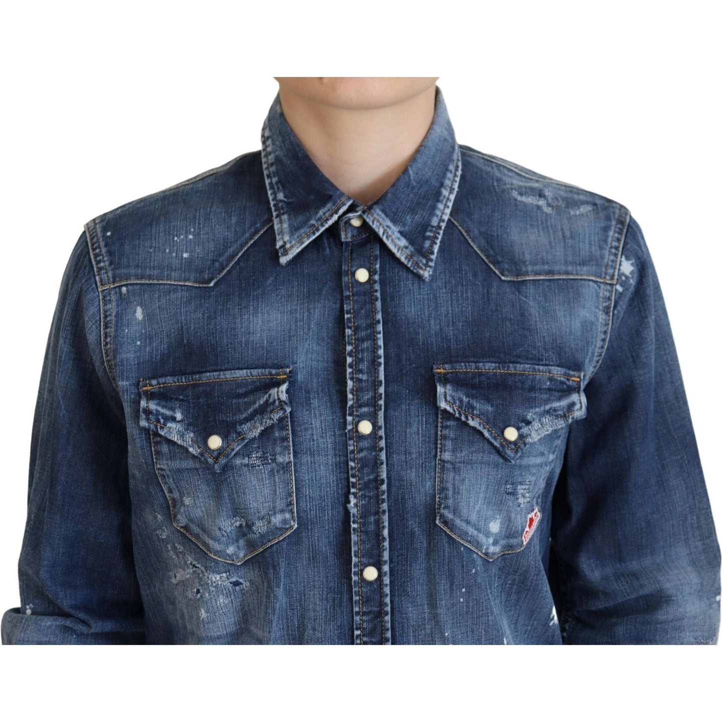 Dsquared² Blue Washed Cotton Button Down Collared Denim Shirt 1728,67345645728,Blue,Clothing,Denim - Shirts - Clothing,Dsquared²,IT38 | XS,Material: 98% Cotton 2% Elastane,Preowned / Defect,Shirts - Clothing,Shirts - Women - Clothing,Women