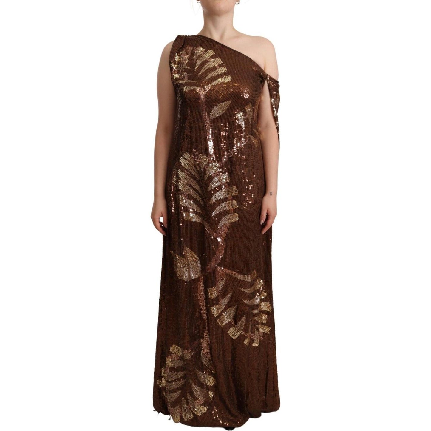 Dsquared² Brown Leaf Sequined Shift One Shoulder Long Dress 1728,67345645728,Brown,Clothing,Dresses - Clothing,Dresses - Women - Clothing,Dsquared²,IT40|S,Long - Dresses - Clothing,Longsleeve - Dresses - Clothing,Polyester,Preowned / Defect,Women