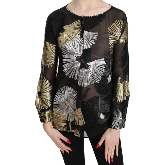 Dsquared² Gold Silver Silk Jacquard See Through Top Blouse 1728,67345645728,Clothing,Dsquared²,Gold Black,IT38 | XS,Long Sleeve - T-Shirts - Clothing,Material: 100% Silk,Preowned / Defect,T-Shirts - Clothing,Tops & T-Shirts - Women - Clothing,Women,Women