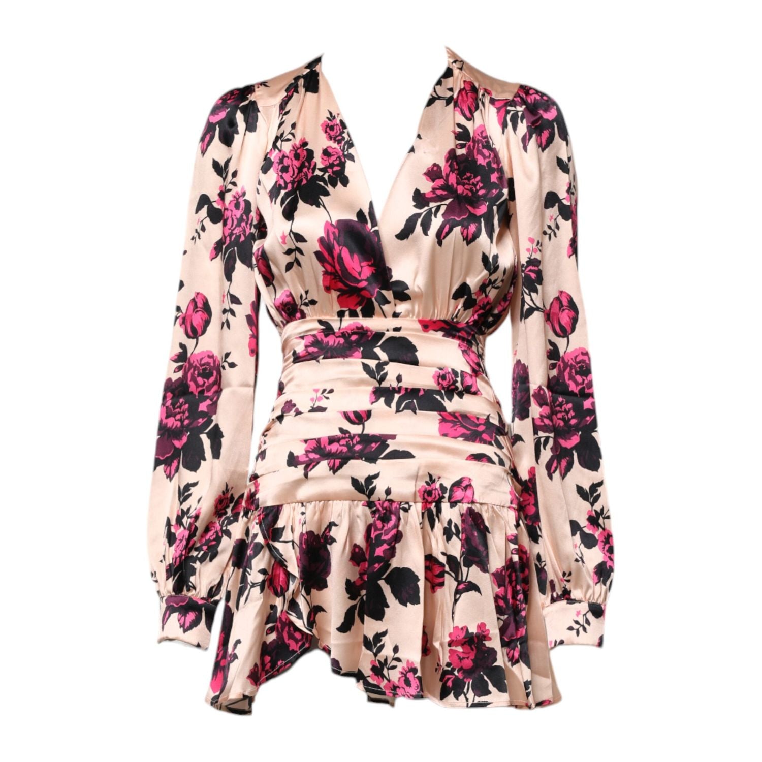 Laneus Pink Floral Silk Long Sleeves V-neck Wrap Mini Dress
