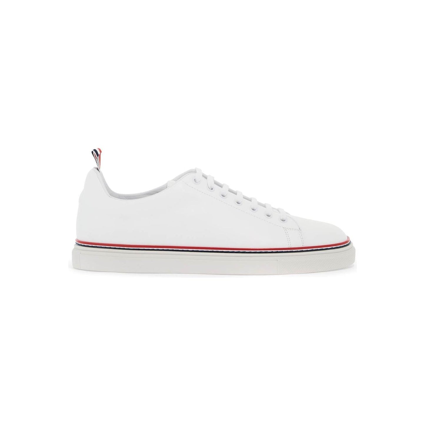 Thom Browne smooth leather sneakers with tricolor detail.