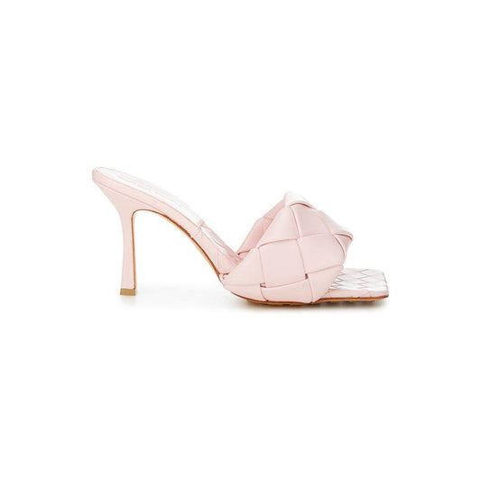 Bottega Veneta | Light Pink Leather Heeled Sandal Mule with Intreccio | McRichard Designer Brands
