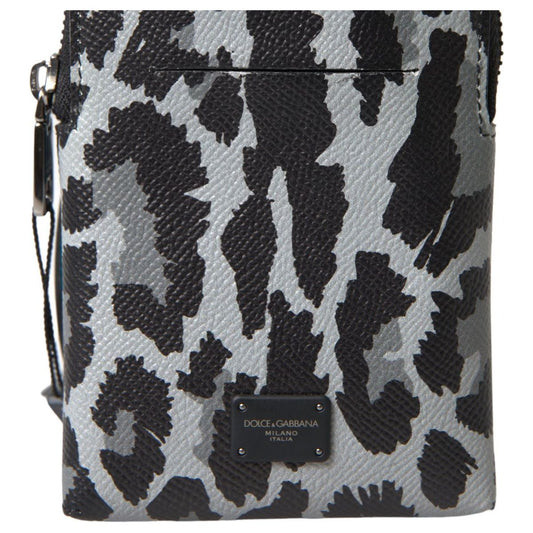 Dolce & Gabbana | Gray Leopard Leather Men Purse Crossbody Sling Phone Bag | McRichard Designer Brands